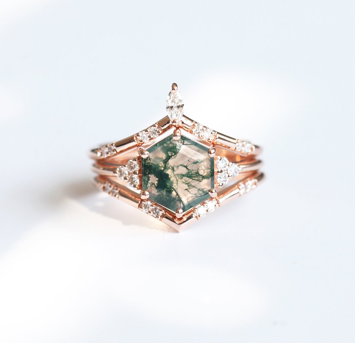 ADA HEKSAGON MOSS AGATE PRSTEN SET | Prstenovi | Capucinne
