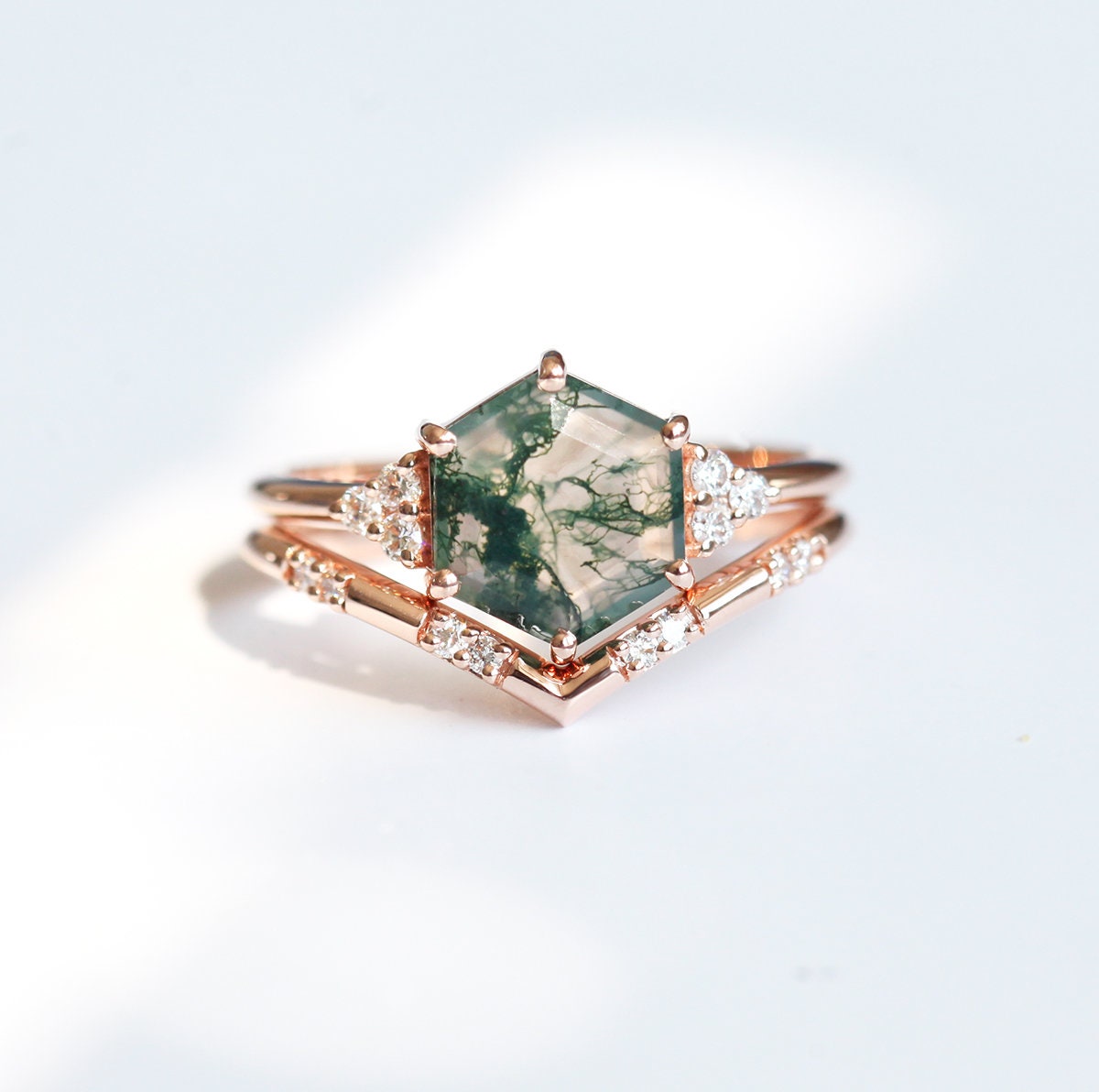 ADA HEKSAGON MOSS AGATE PRSTEN SET | Prstenovi | Capucinne