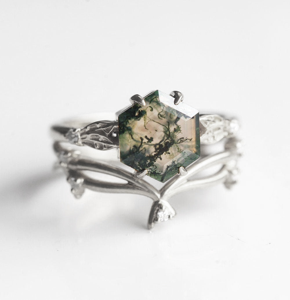 Set prstena od zelenog šestougaonog ahata Moss Agate sa bočnim dijamantima