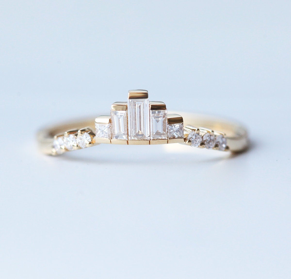 Art Deco Baguette Vhite Diamond Nesting Curved Band