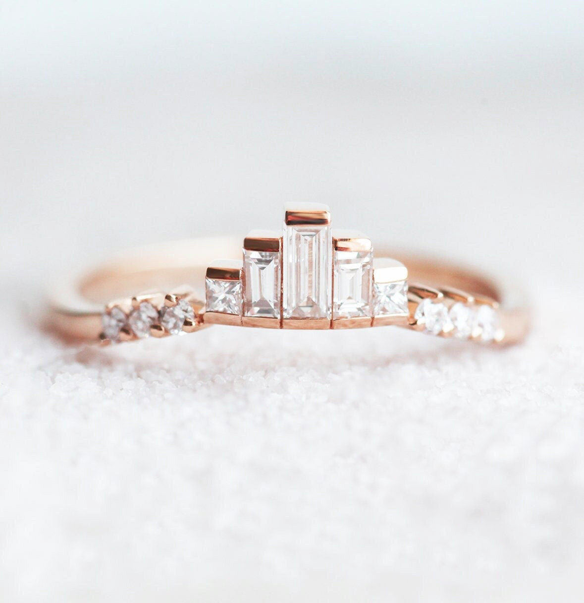 Art Deco Baguette Vhite Diamond Nesting Curved Band