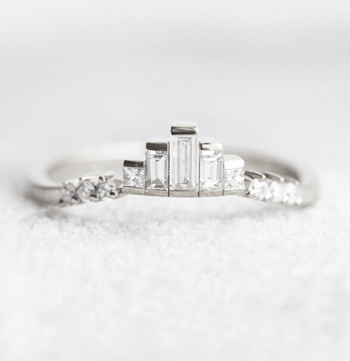 Art Deco Baguette Vhite Diamond Nesting Curved Band