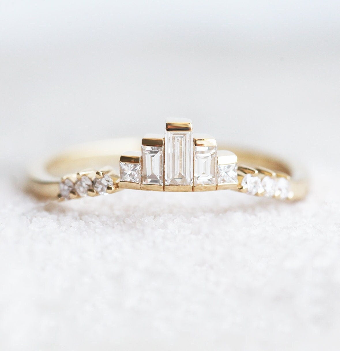 Art Deco Baguette Vhite Diamond Nesting Curved Band