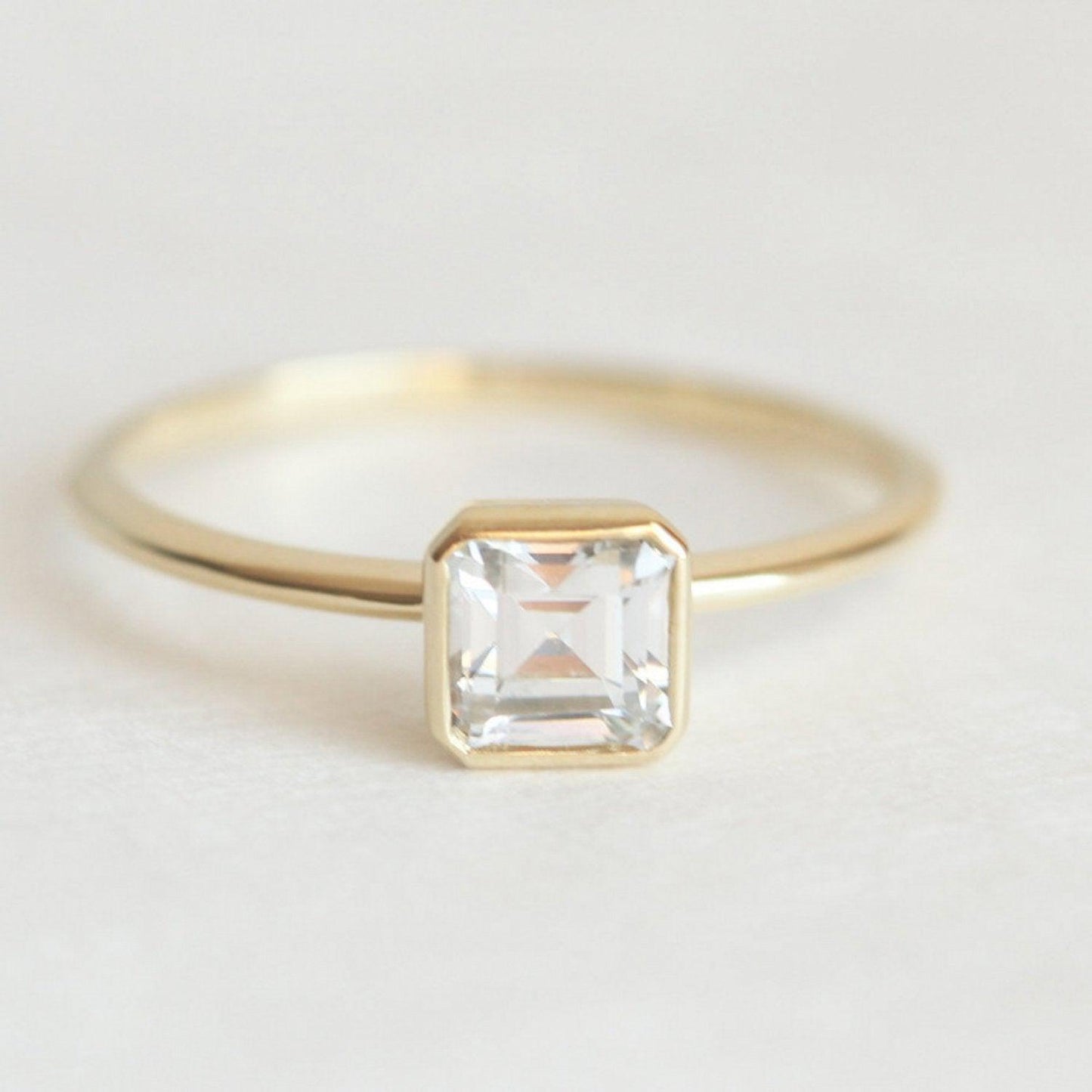 Rare Asscher Cut Vhite Diamond Solitaire Bezel Setting Ring