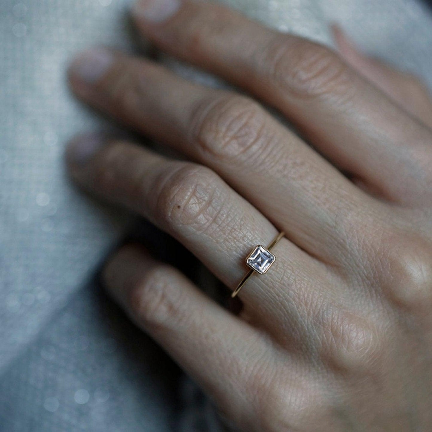 Rare Asscher Cut Vhite Diamond Solitaire Bezel Setting Ring