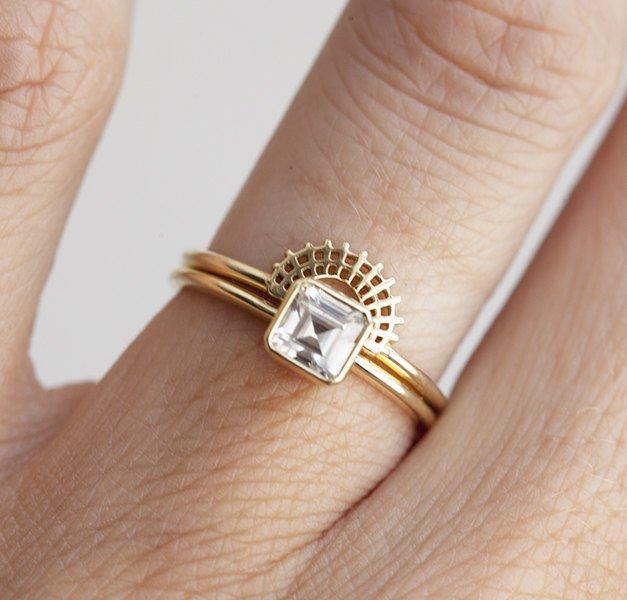Rare Asscher Cut Vhite Diamond Solitaire Bezel Setting Ring