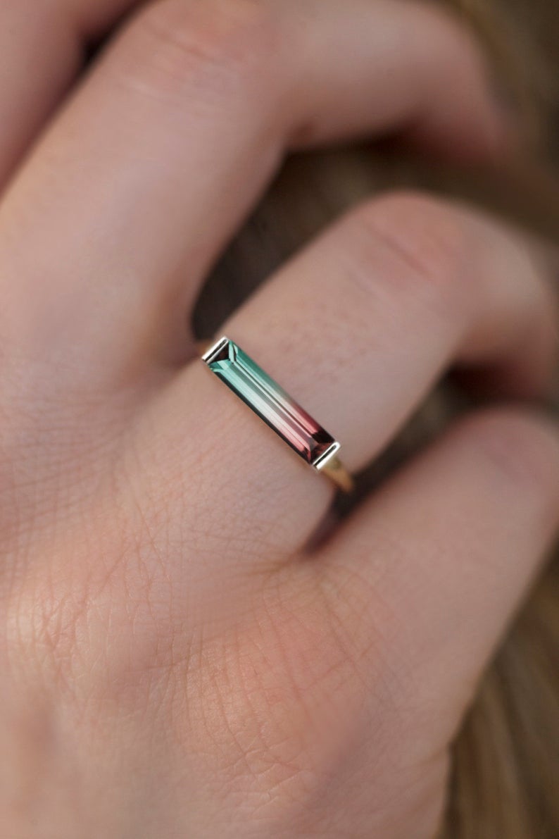 Lubenica Baguette Tourmaline Solitaire Stil prsten