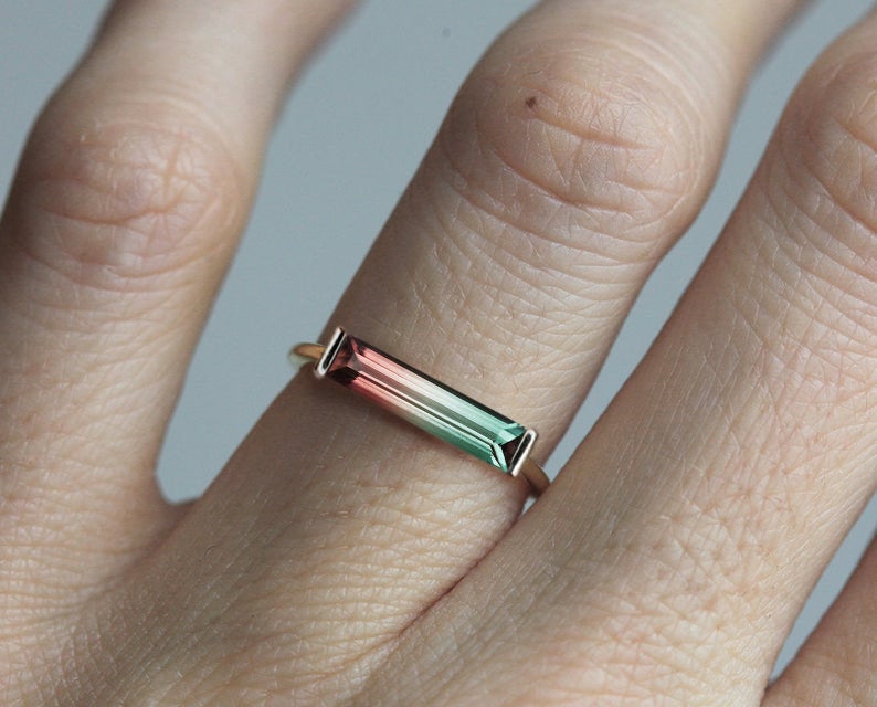 Lubenica Baguette Tourmaline Solitaire Stil prsten