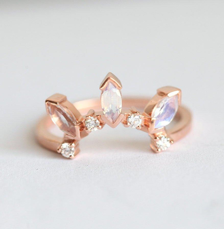 Markuise Moonstone Stacking Vedding Band sa okruglim belim dijamantima