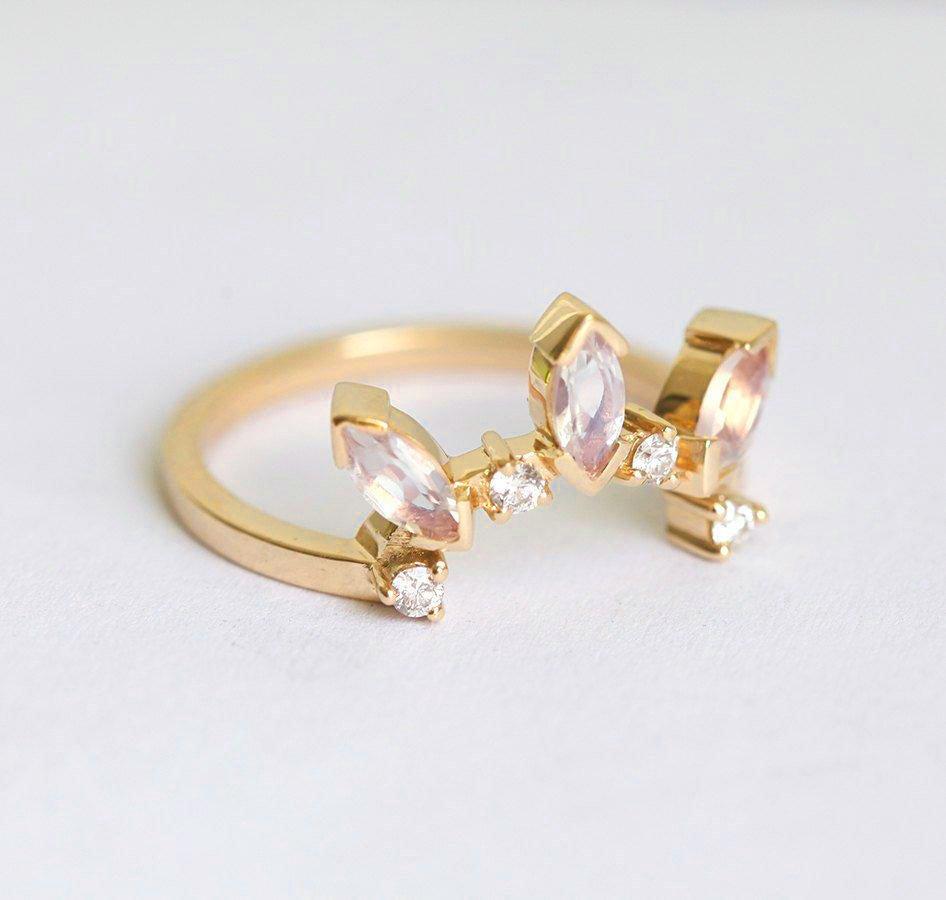 Markuise Moonstone Stacking Vedding Band sa okruglim belim dijamantima