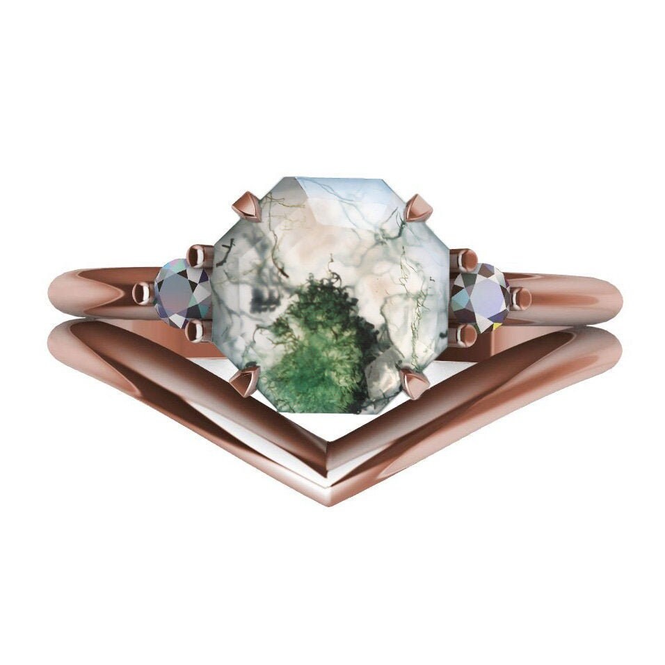 Set prstena od osmougaonog ahata Moss Agate sa 2 bočna kamena australijskog opala