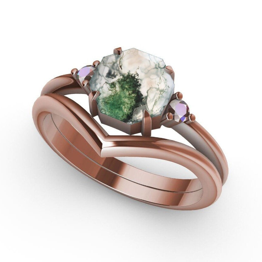 Set prstena od osmougaonog ahata Moss Agate sa 2 bočna kamena australijskog opala