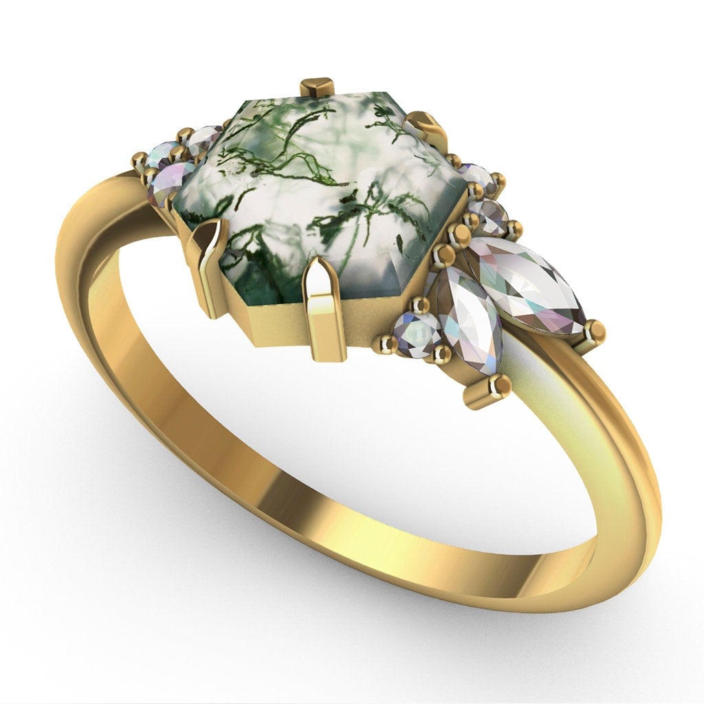 Šestougaoni Moss Agate, prsten od žutog zlata sa naglašenim markiznim rezom i okruglim belim dijamantima