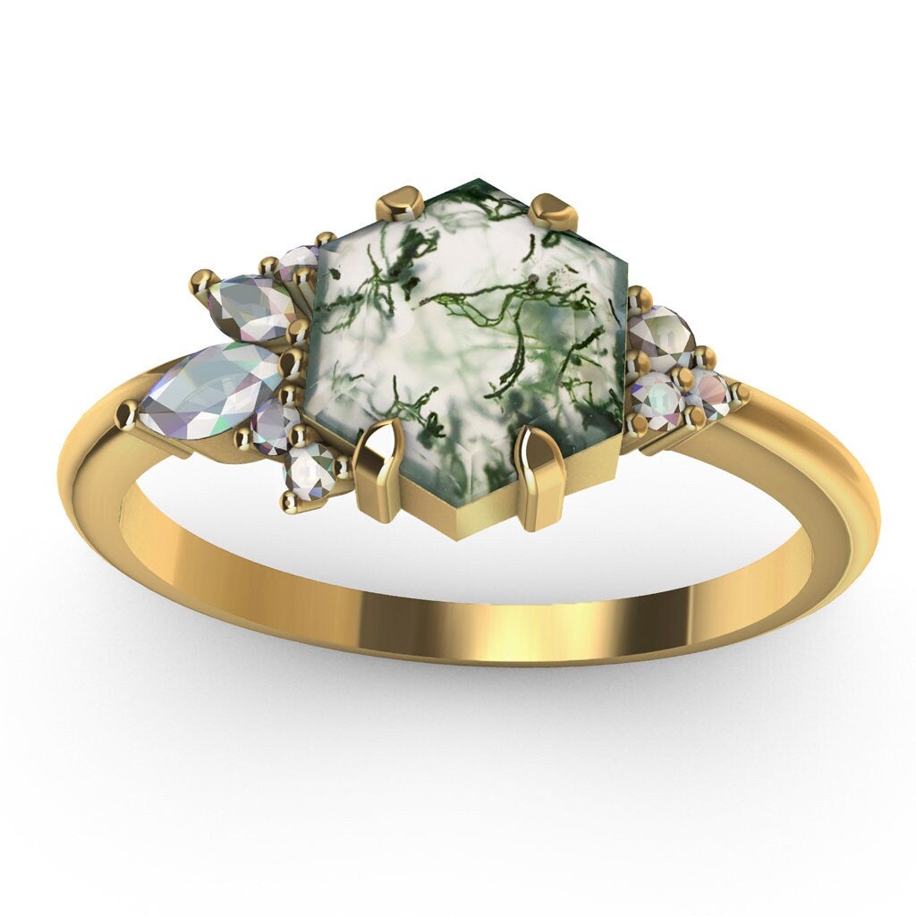 Šestougaoni Moss Agate, prsten od žutog zlata sa naglašenim markiznim rezom i okruglim belim dijamantima