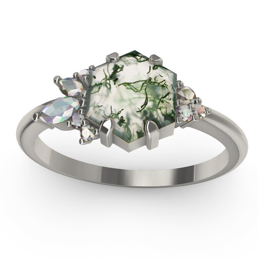 Šestougaoni Moss Agate, platinasti prsten sa naglašenim markiznim rezom i okruglim belim dijamantima