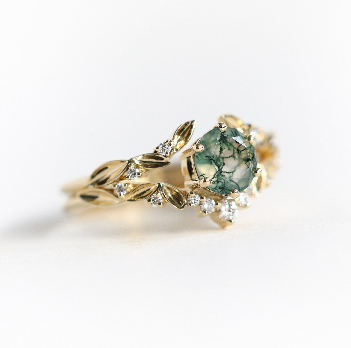 Set prstena Moss Agate sa dijamantskom trakom - Capucinne