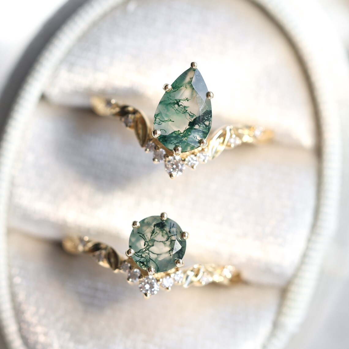 Set prstena Moss Agate sa dijamantskom trakom - Capucinne