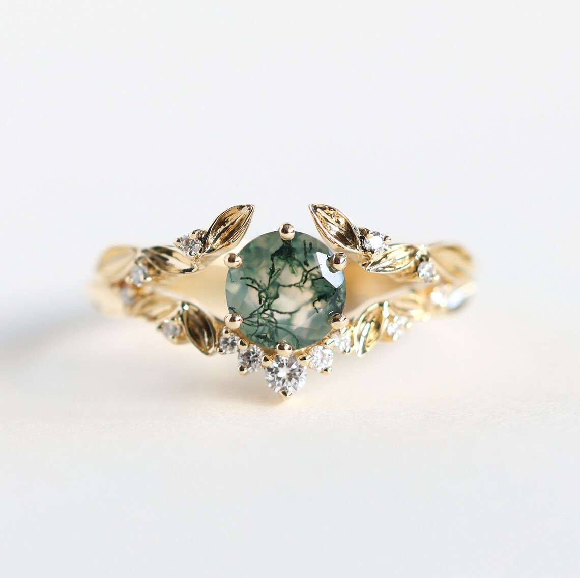 Set prstena Moss Agate sa dijamantskom trakom - Capucinne
