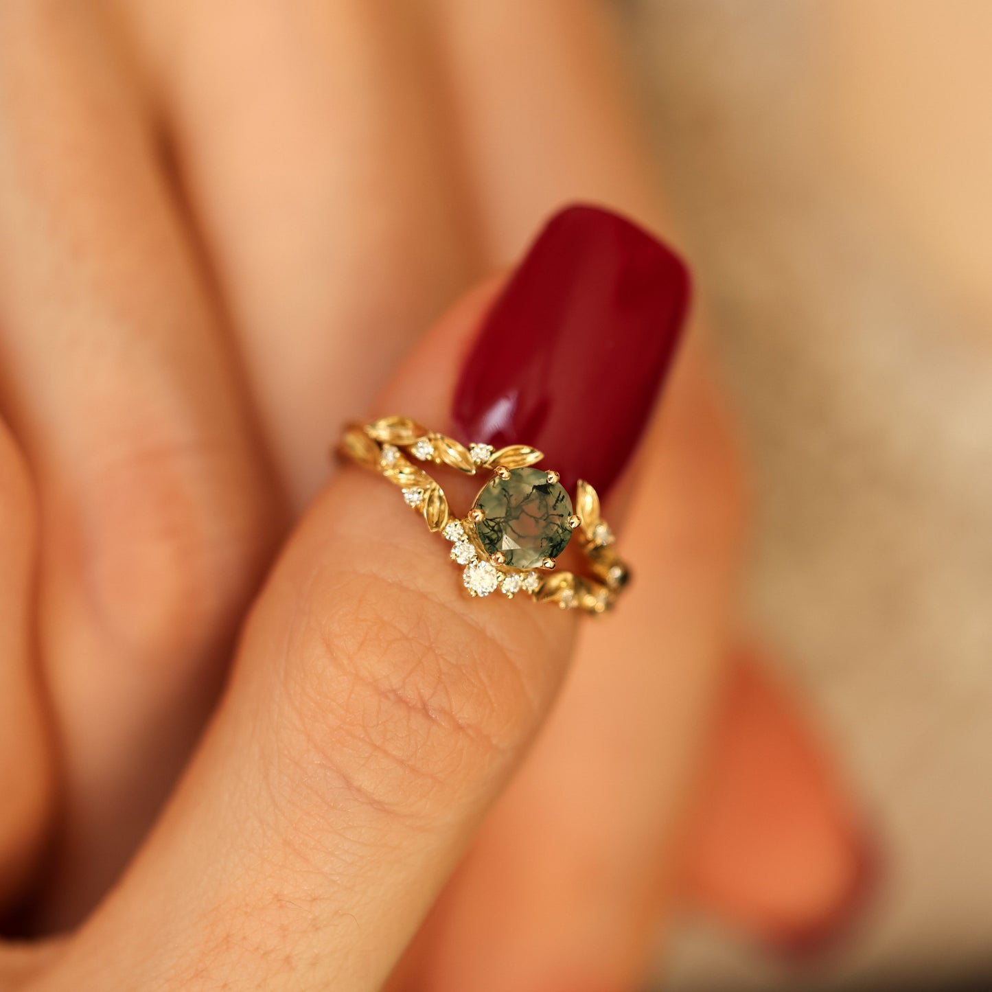 Set prstena Moss Agate sa dijamantskom trakom - Capucinne