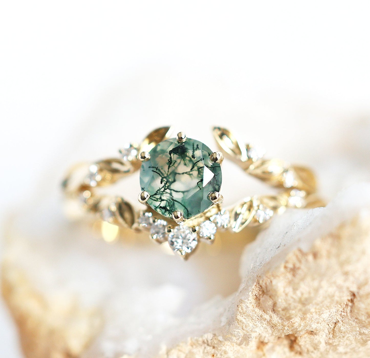 Set prstena Moss Agate sa dijamantskom trakom - Capucinne
