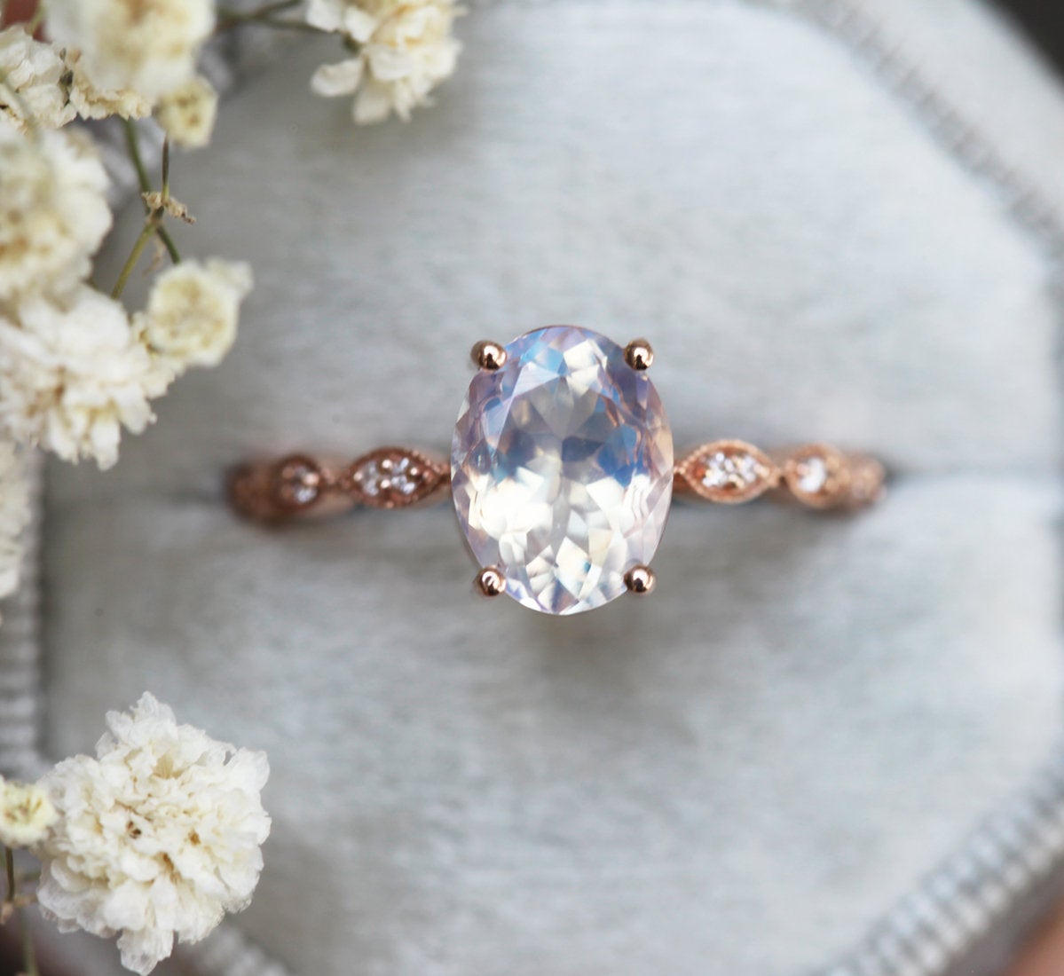 Pink Purple Vintage Oval Moonstone Dijamantski prsten