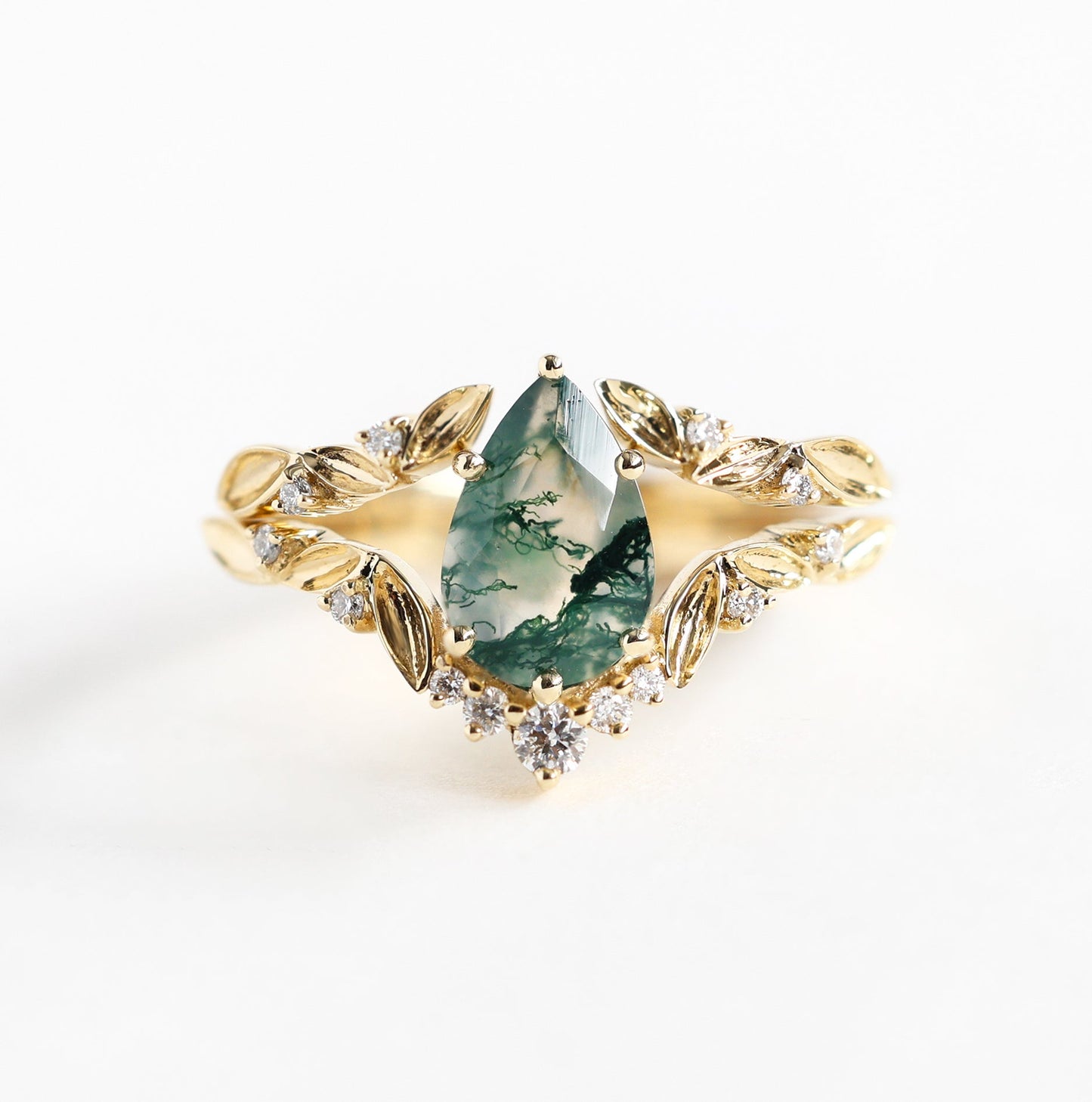 Komplet prstena Moss Agate kruške sa otvorenim trakom