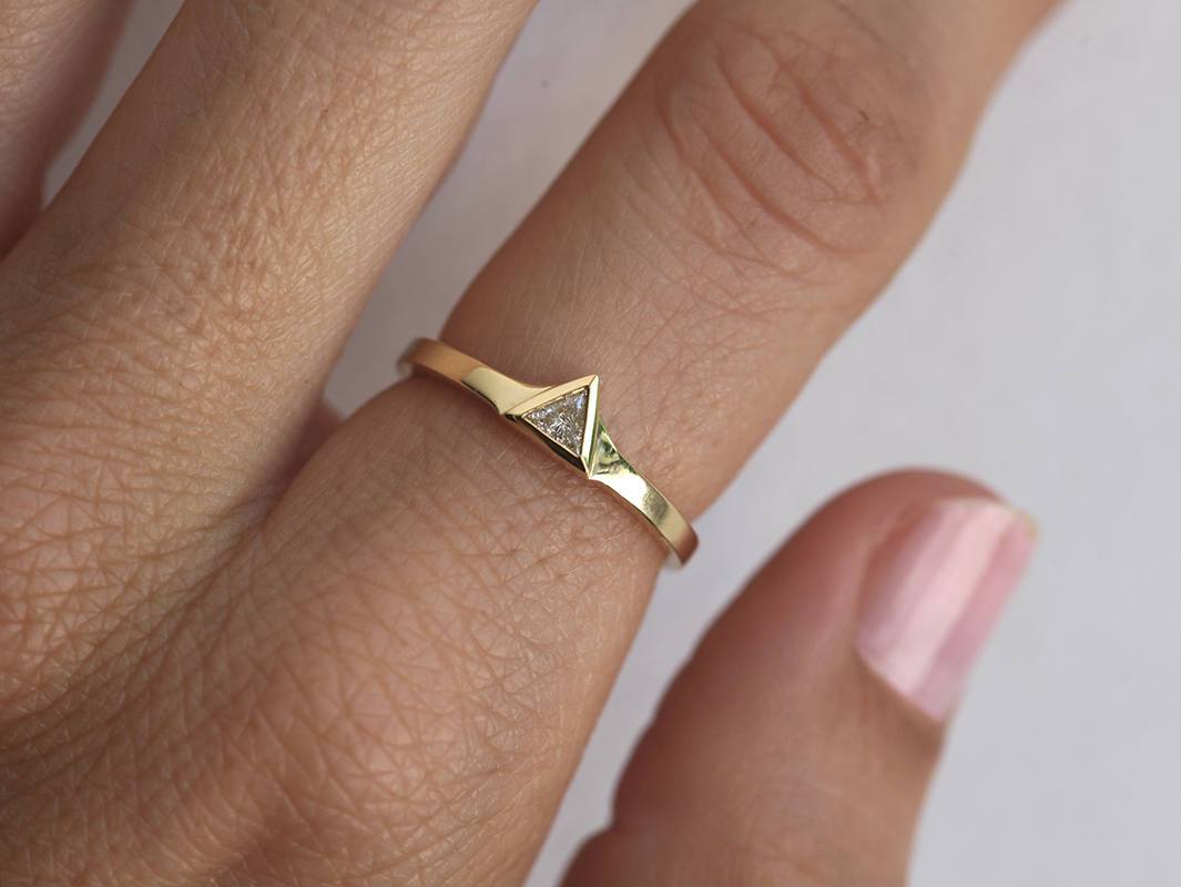 Petite 0.11C Triangle Cut Diamond Ring With Flared Gold Band-Capucinne