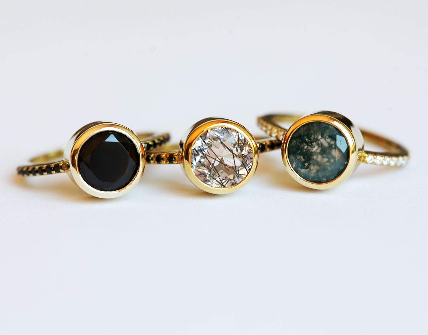 Setovi prstenova sa Moss Agate Saturn, rutilnim kvarcom i crnim dijamantom