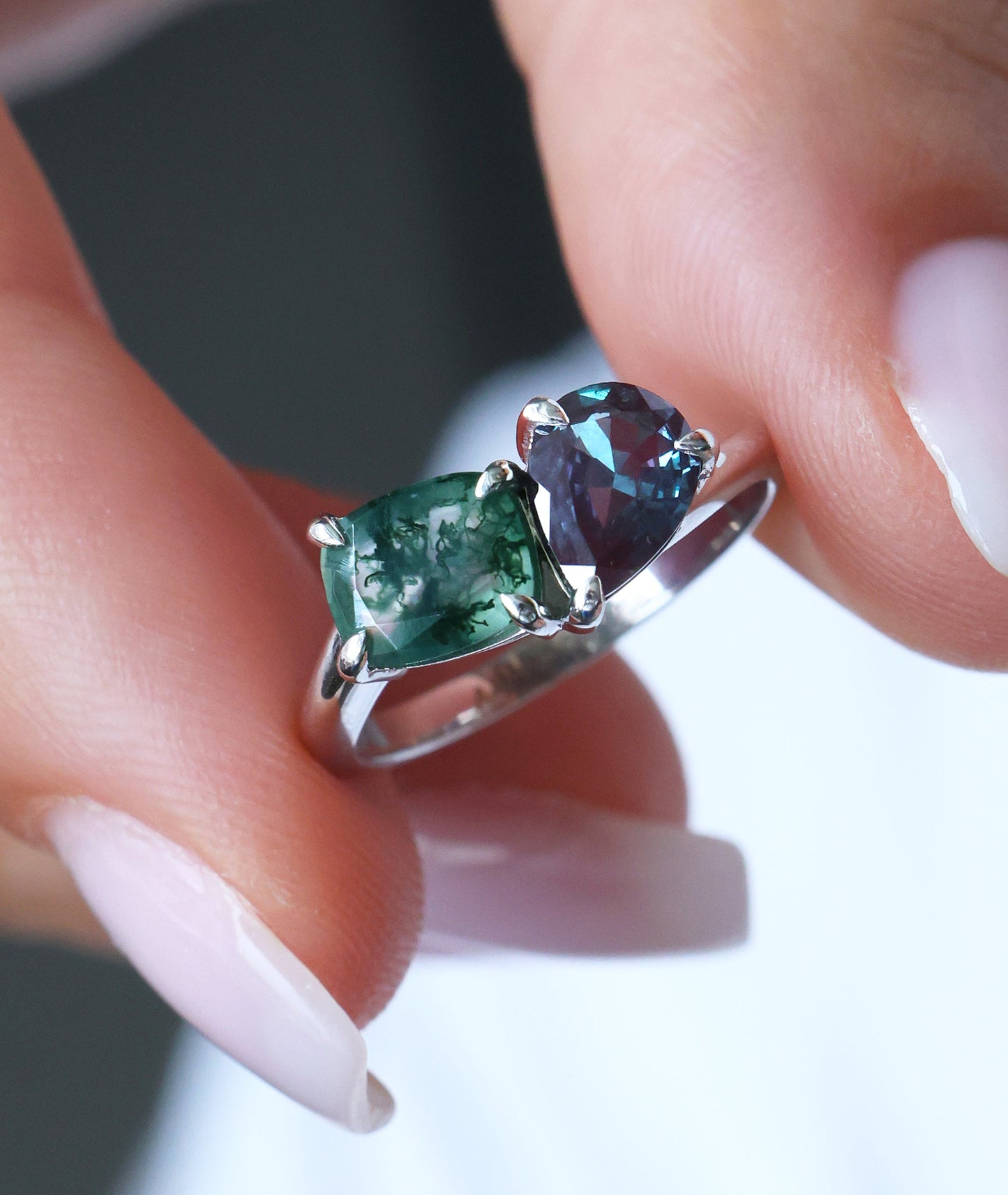 Toi et Moi Prsten sa Moss Agate i Aleksandritom