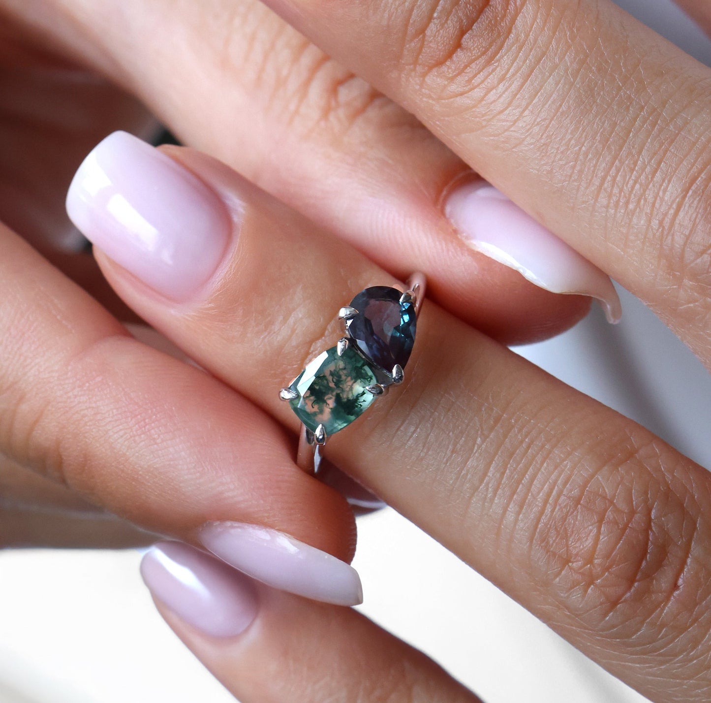 Toi et Moi Prsten sa Moss Agate i Aleksandritom