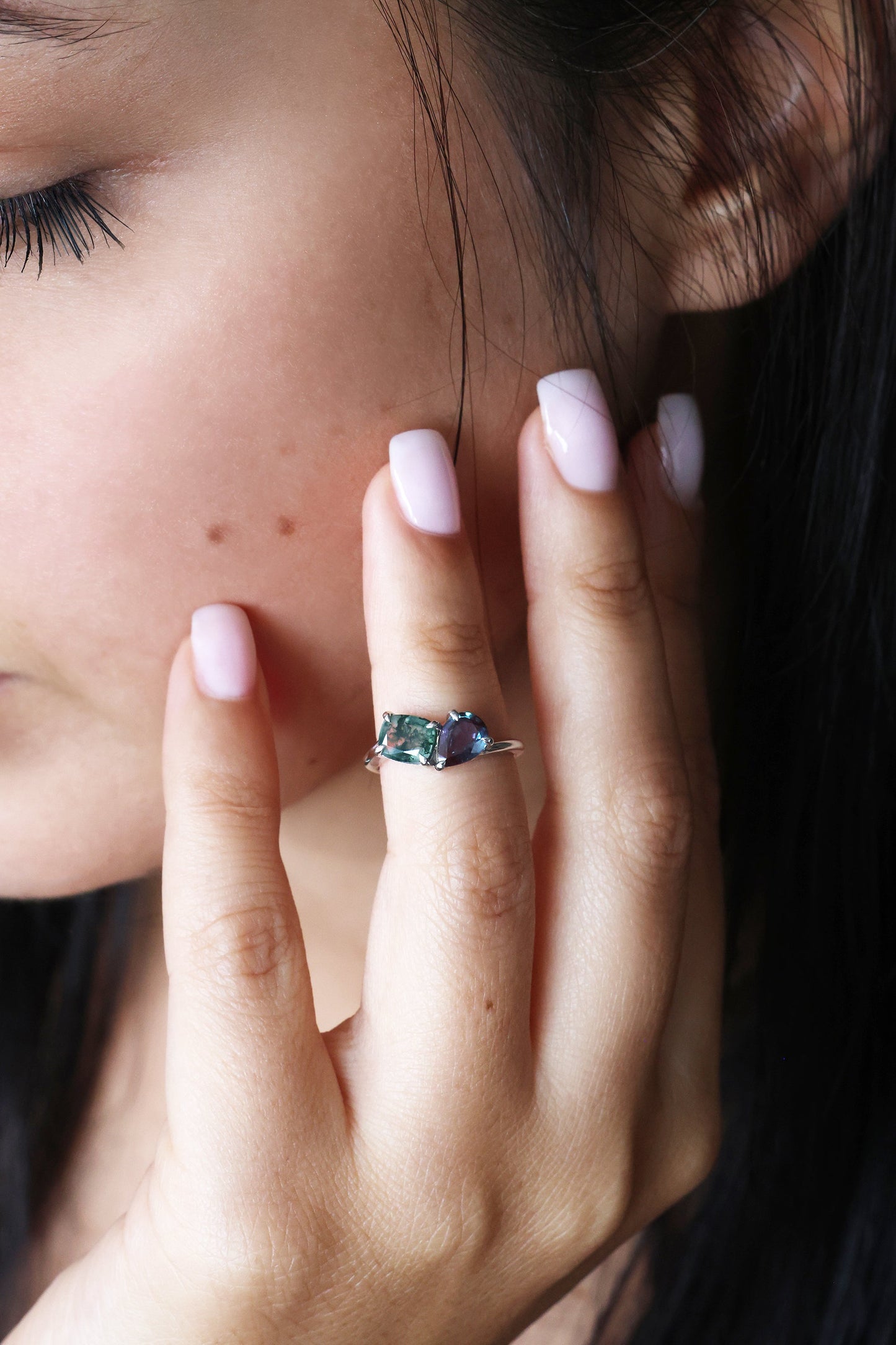 Toi et Moi Prsten sa Moss Agate i Aleksandritom