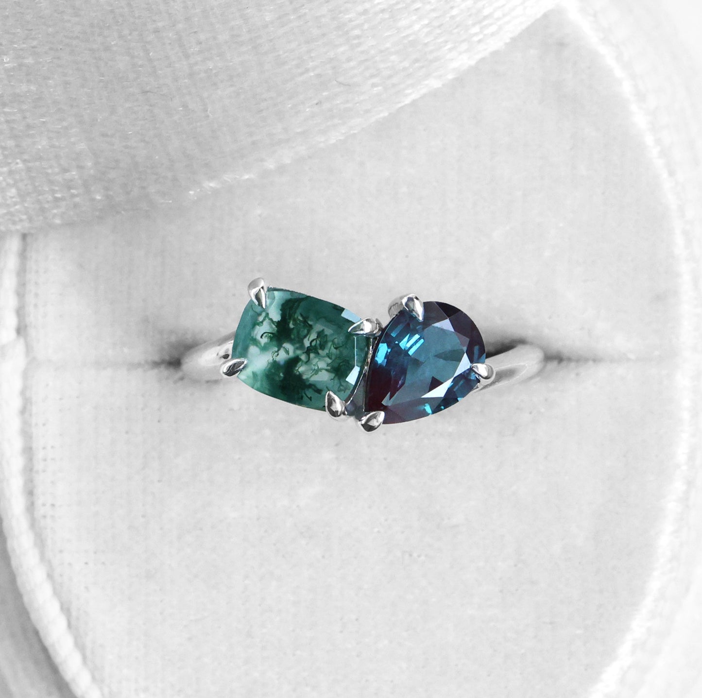 Toi et Moi Prsten sa Moss Agate i Aleksandritom