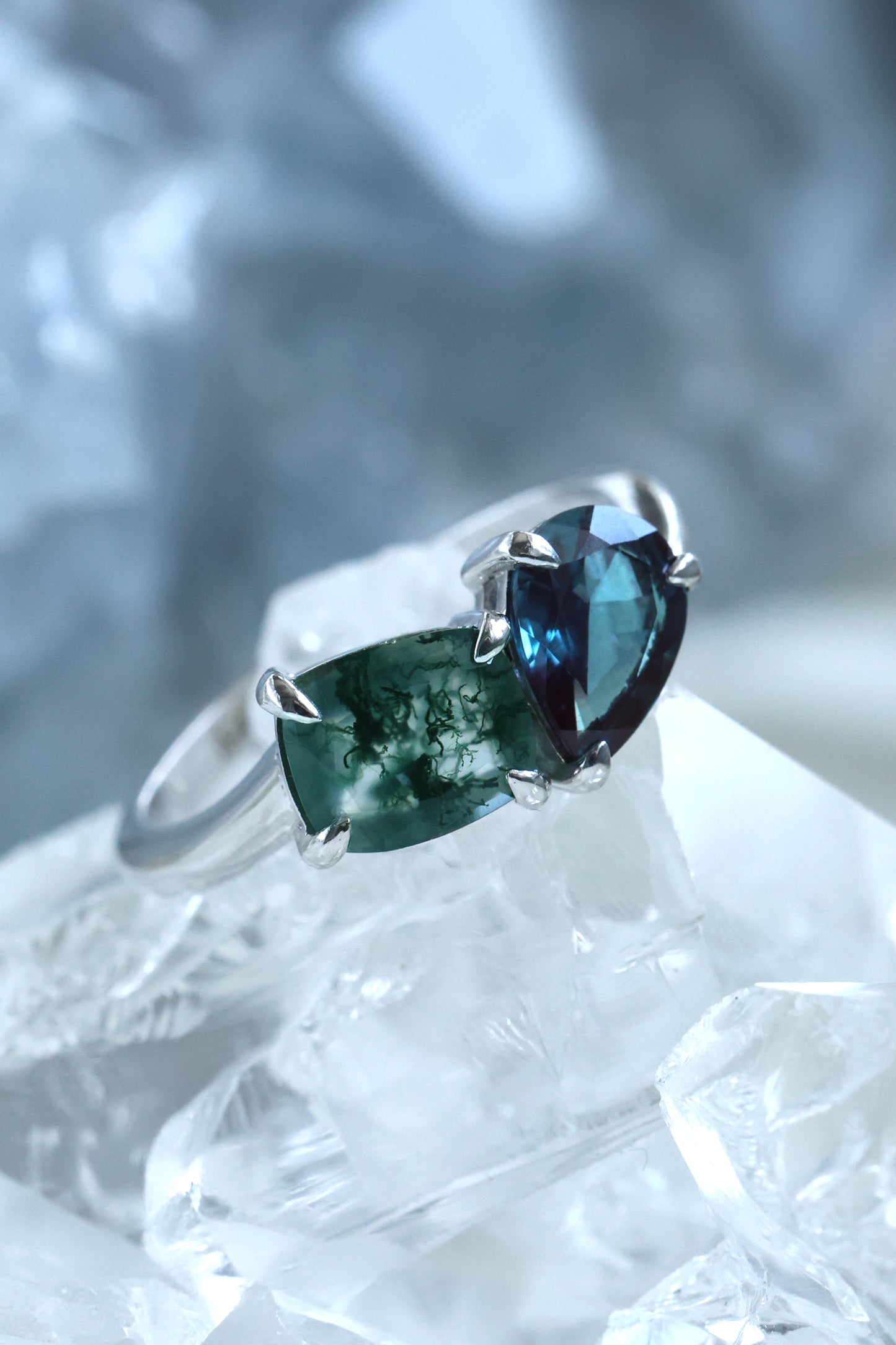 Toi et Moi Prsten sa Moss Agate i Aleksandritom