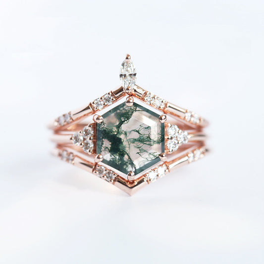 ADA HEKSAGON MOSS AGATE PRSTEN SET | Prstenovi | Capucinne
