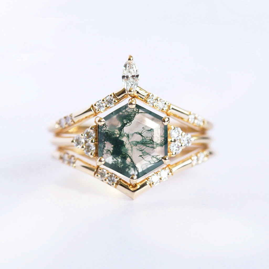 ADA HEKSAGON MOSS AGATE PRSTEN SET | Prstenovi | Capucinne