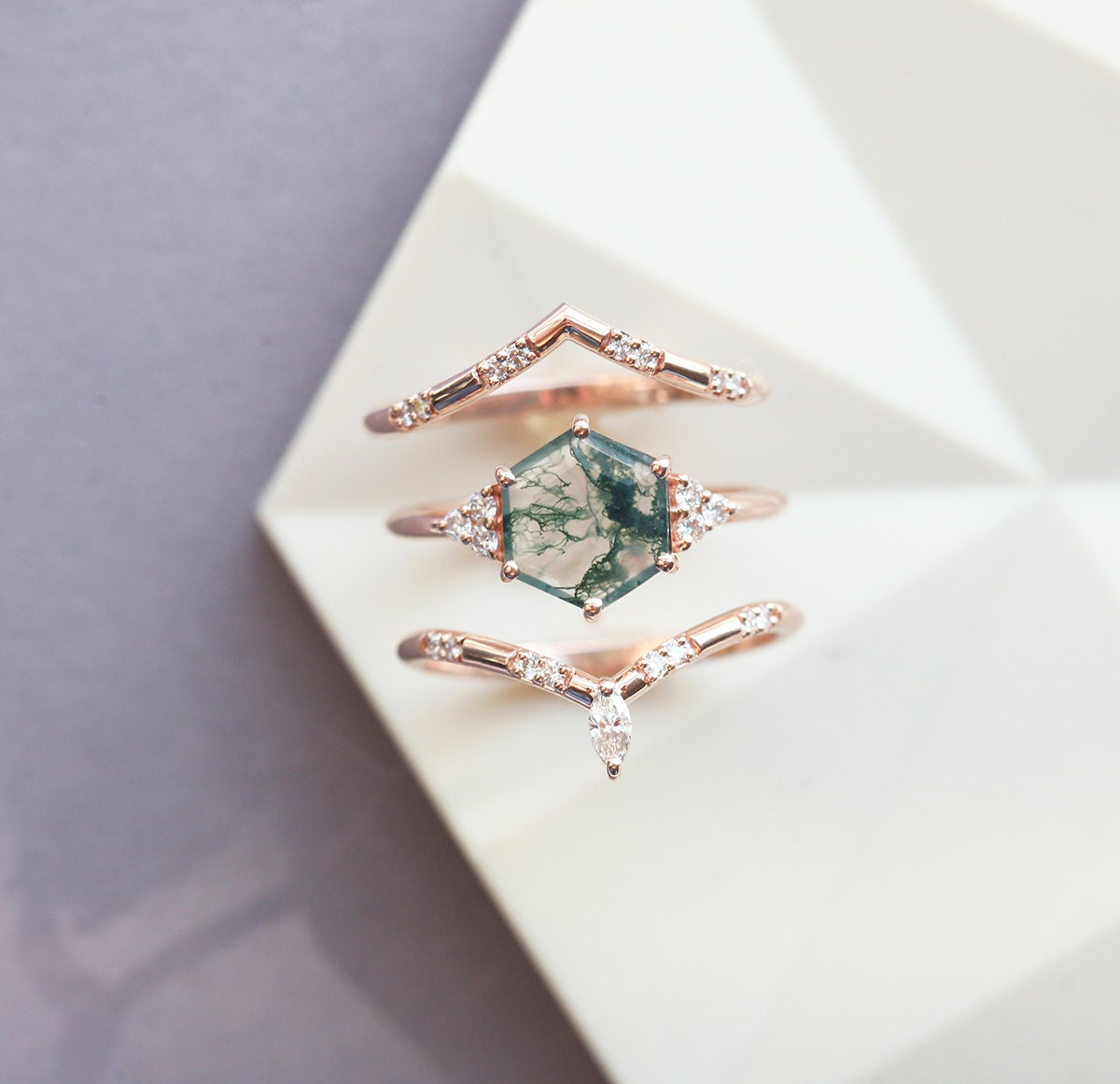 ADA HEKSAGON MOSS AGATE PRSTEN SET | Prstenovi | Capucinne