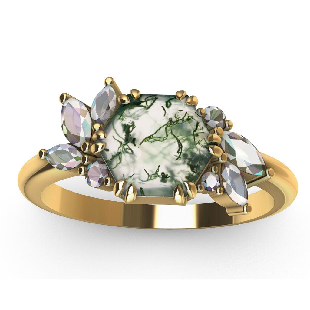 Zlatni prsten sa šestougaonim Moss Agate, markizom i okruglim dijamantima. Jedinstveni dizajn klastera.