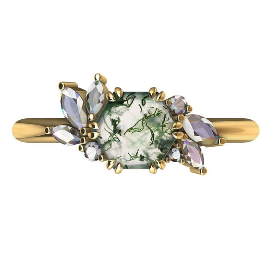 Zlatni šestougaoni prsten od Moss Agate sa dijamantskim grozdovima, koji prikazuje jedinstven dizajn Moss Agate. Ručno rezano prirodno kamenje.