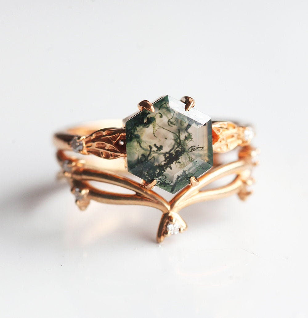 Set prstena od zelenog šestougaonog ahata Moss Agate sa bočnim dijamantima