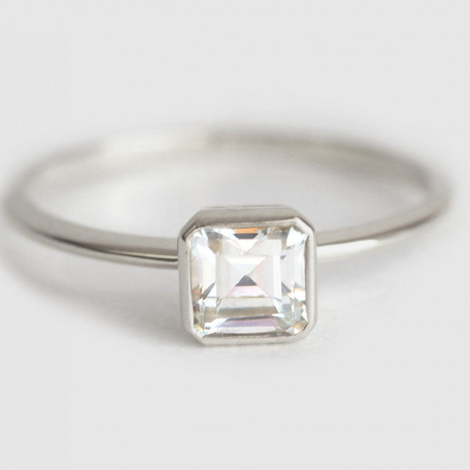 Rare Asscher Cut Vhite Diamond Solitaire Bezel Setting Ring