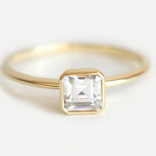 Rare Asscher Cut Vhite Diamond Solitaire Bezel Setting Ring