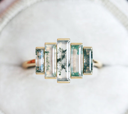 Prsten od Baguette Moss Agate sa 4 kamena Moss Agate sa strane