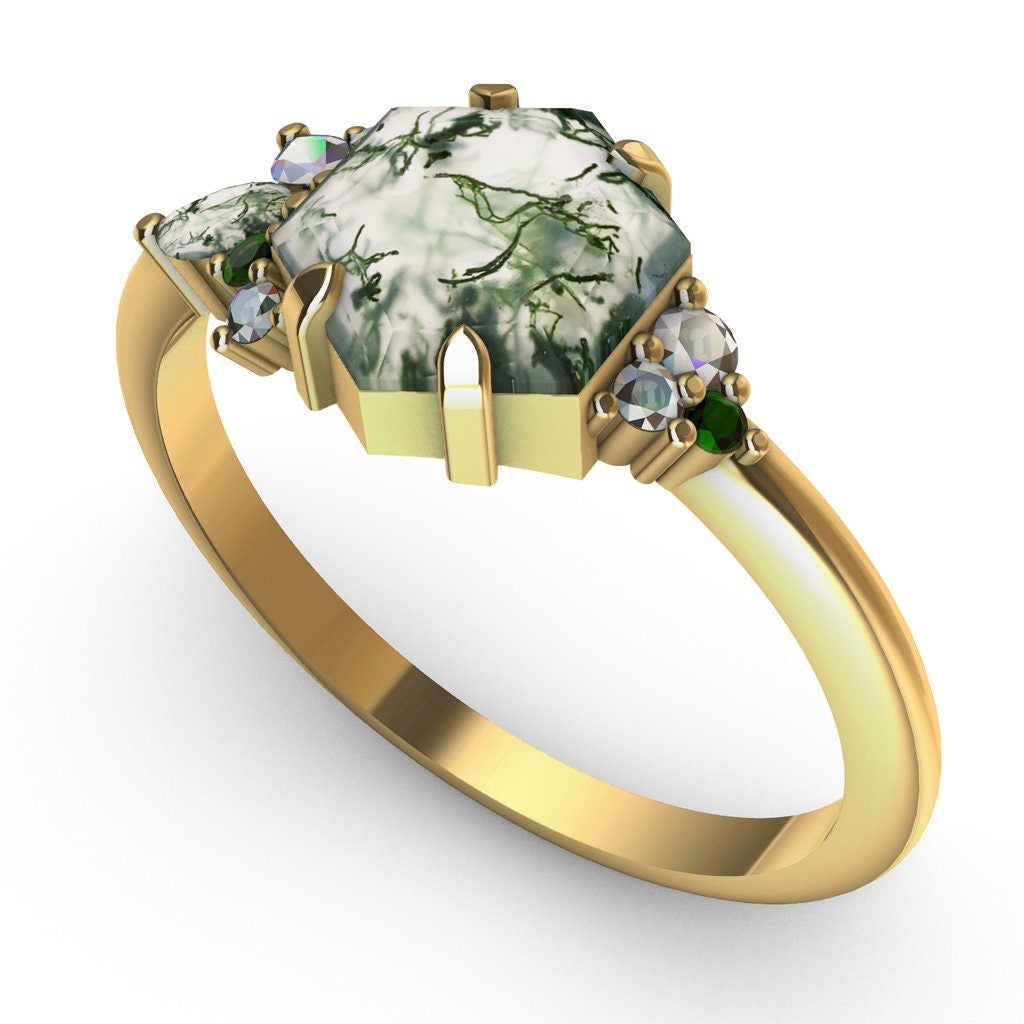 Šestougaoni prsten Moss Agate sa naglašenim turmalinom, Moss Agate, moisanitnim kamenjem i belim dijamantima