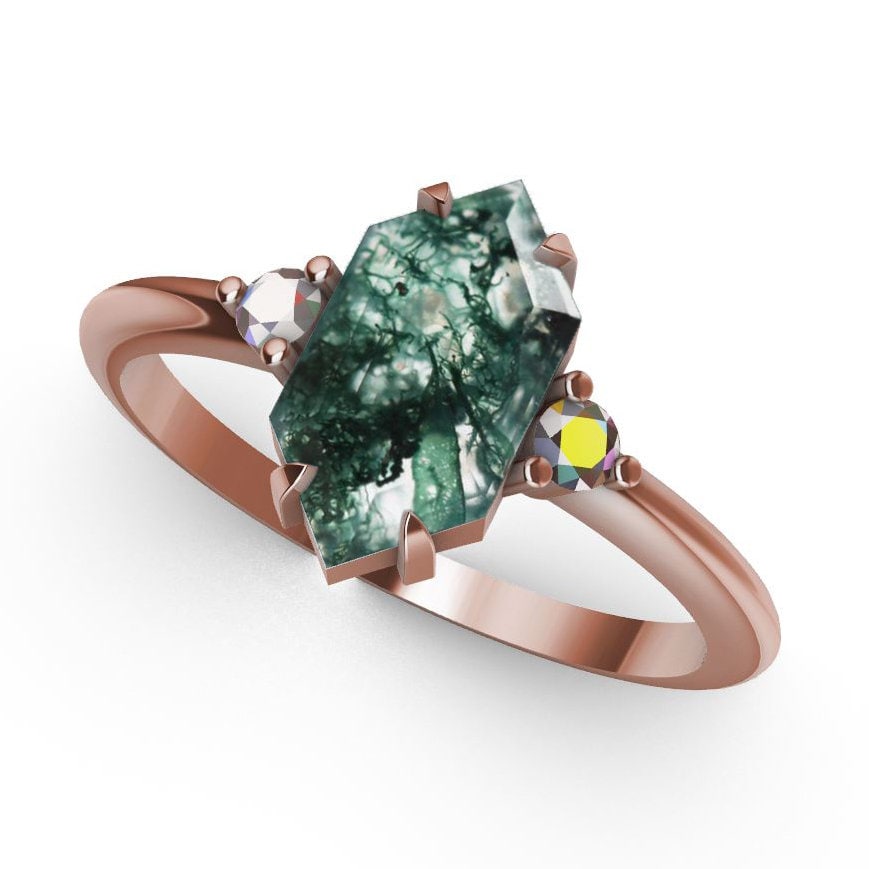 Šestougaoni Moss Agate, prsten od ružičastog zlata sa bočnim belim dijamantima