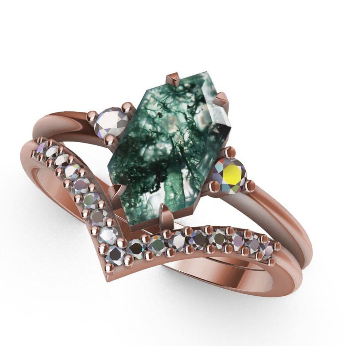 Šestougaoni Moss Agate, prsten od ružičastog zlata sa bočnim belim dijamantima