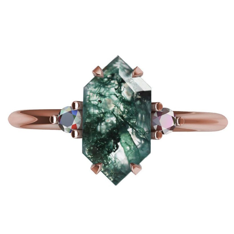 Šestougaoni Moss Agate, prsten od ružičastog zlata sa bočnim belim dijamantima