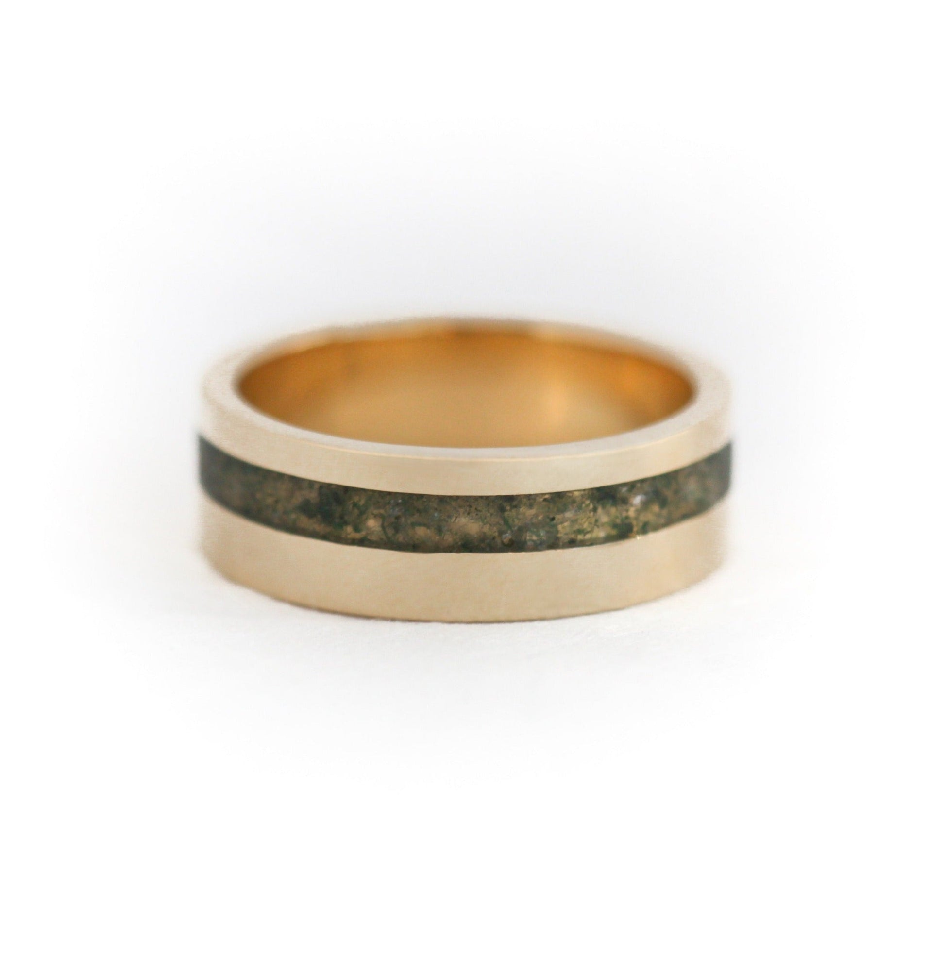 Moss Agate Inlai Iellov Vedding Band