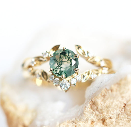 Set prstena Moss Agate sa dijamantskom trakom - Capucinne