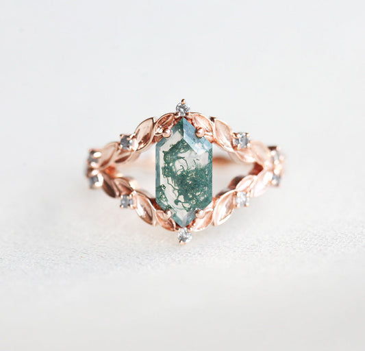 Šestougaoni prsten od Moss Agate u vintage stilu sa dijamantima od soli i bibera sa strane