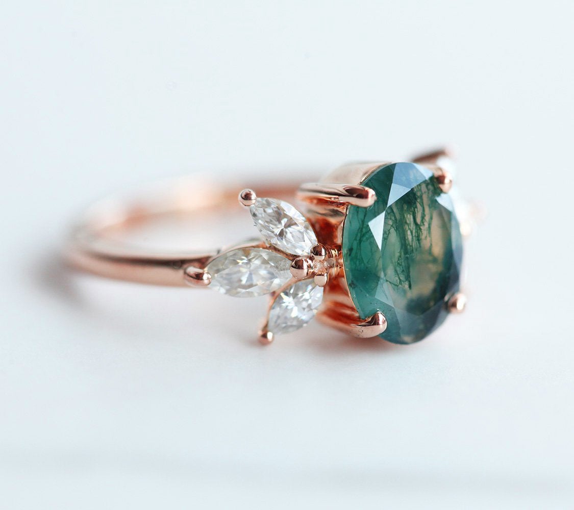Ovalni Moss Agate, prsten od ružičastog zlata sa moisanitnim kamenjem izrezanom markizom